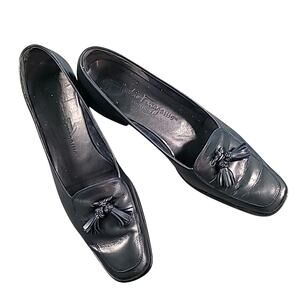 VTG Ferragamo Navy Leather Tassel Loafers 👞 Women’s 8 2A Classic Preppy Chic